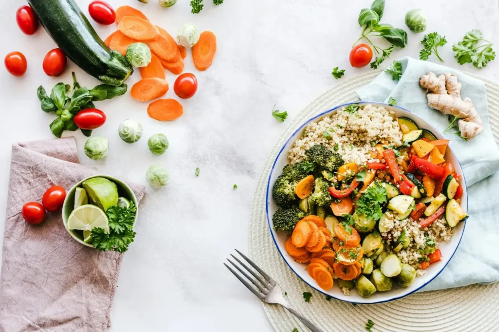 Healthy bowl of vegetables and grains on a plate