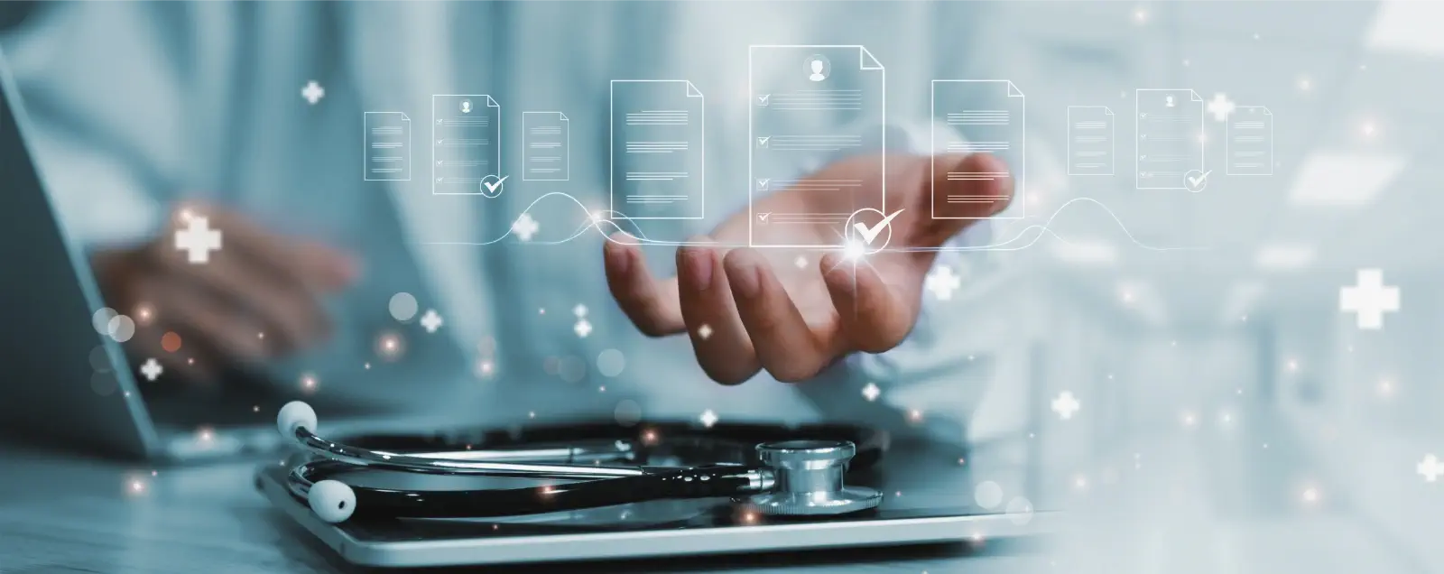 Hand interacting with digital healthcare interface